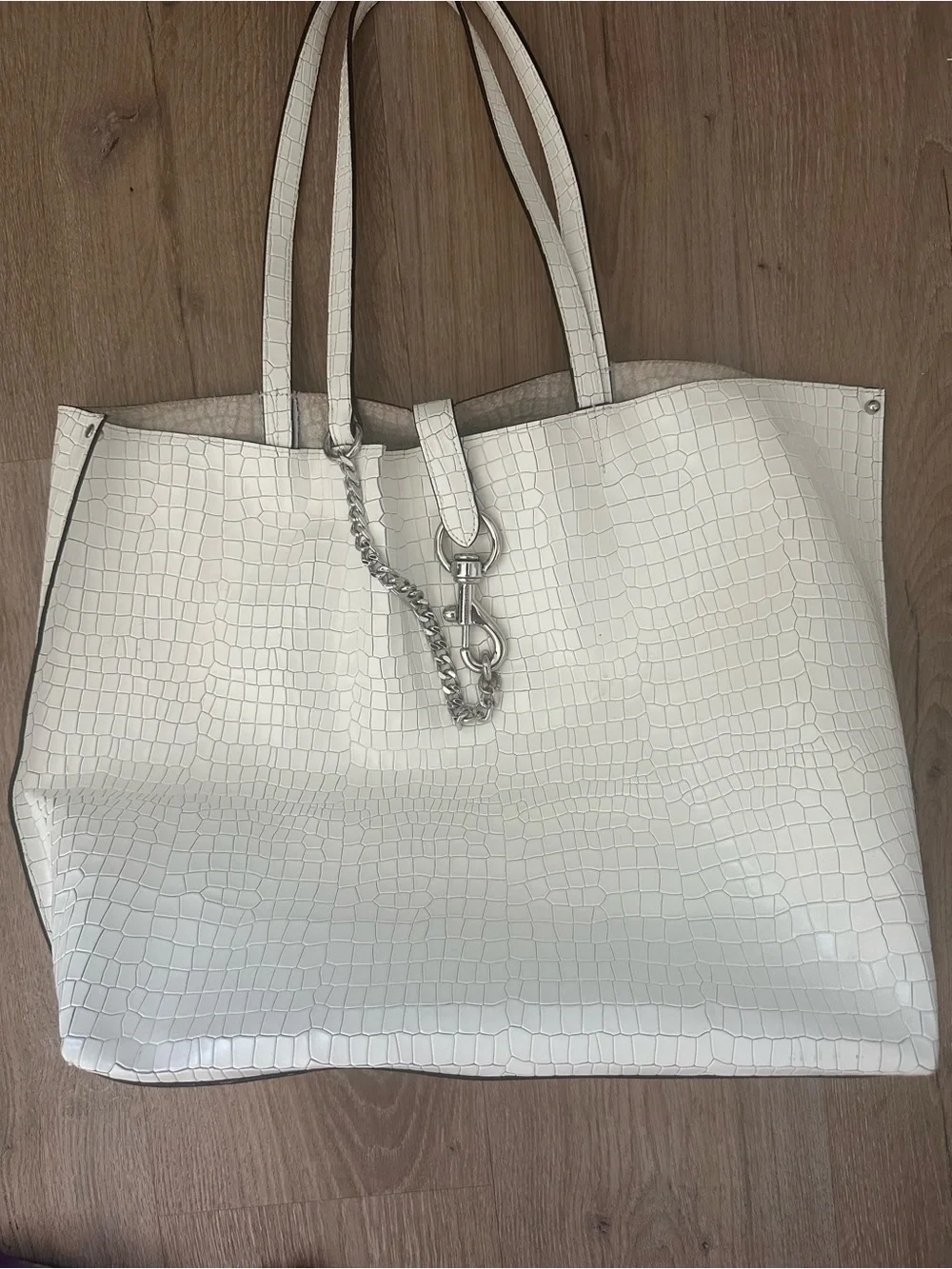 Rebecca Minkoff White Croc-Embossed Women's Tote Bag with Silver Chain Accent